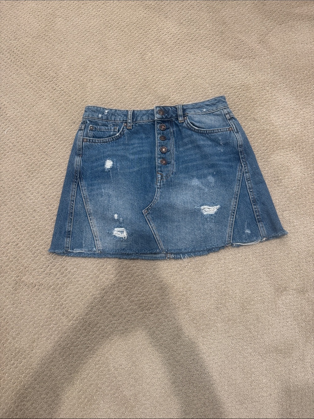 We The Free Blue Distressed Button-Front Denim Mini Skirt